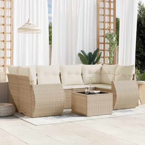7-delige Loungeset met kussens poly rattan beige