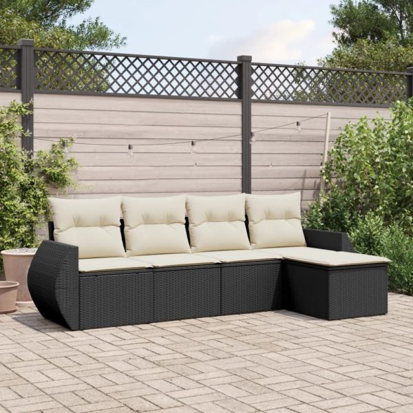 5-delige Loungeset met kussens poly rattan zwart