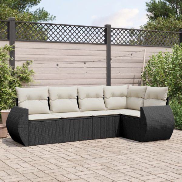 5-delige Loungeset met kussens poly rattan zwart