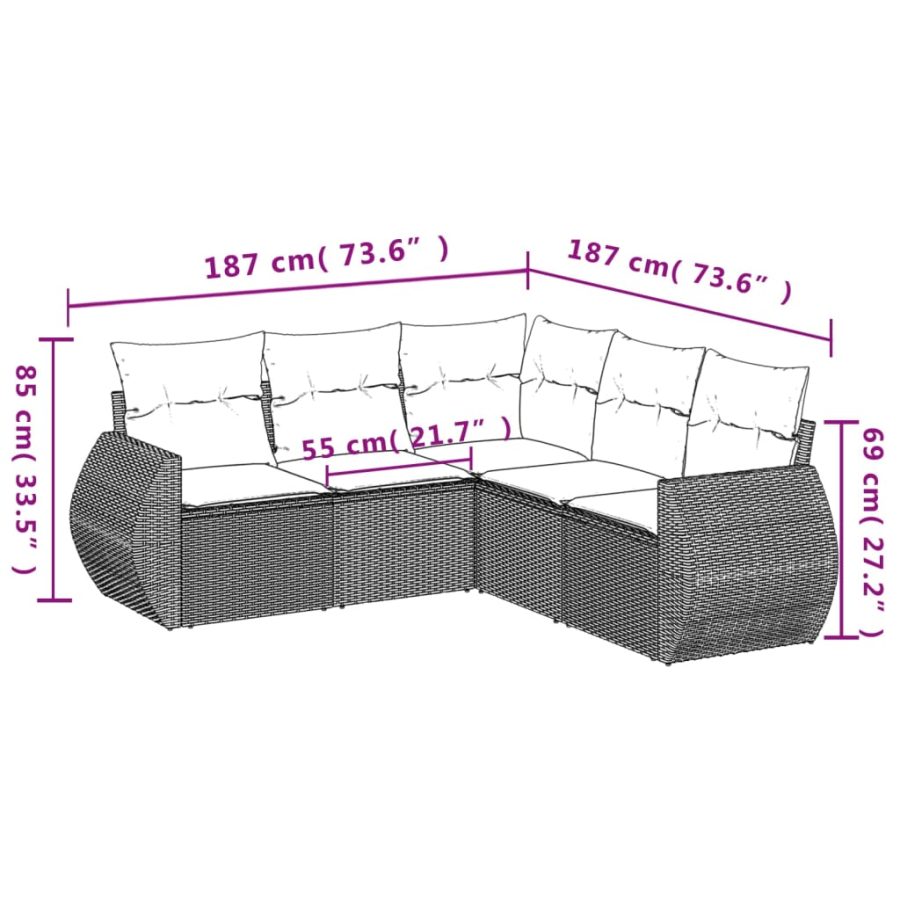 5-delige Loungeset met kussens poly rattan zwart - Afbeelding 3