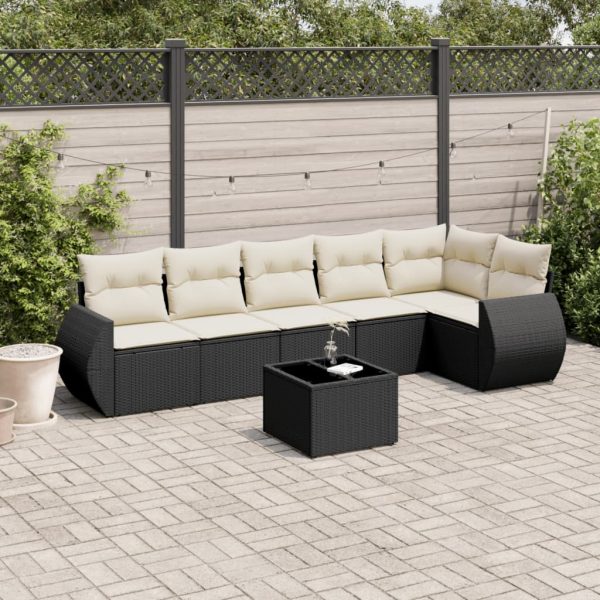 7-delige Loungeset met kussens poly rattan zwart