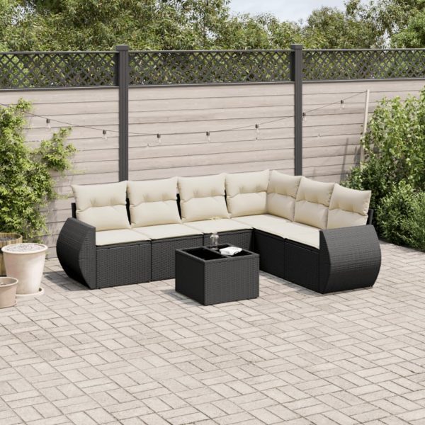 7-delige Loungeset met kussens poly rattan zwart
