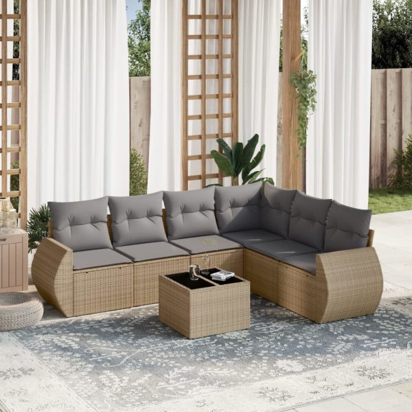 7-delige Loungeset met kussens poly rattan beige