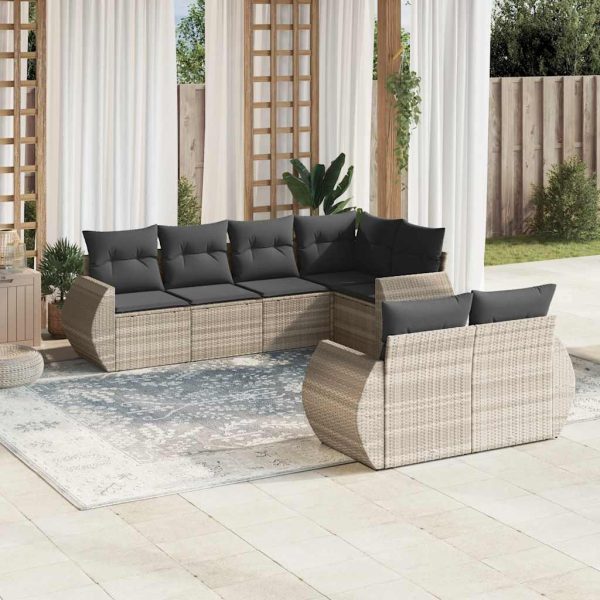 7-delige Loungeset met kussens poly rattan lichtgrijs