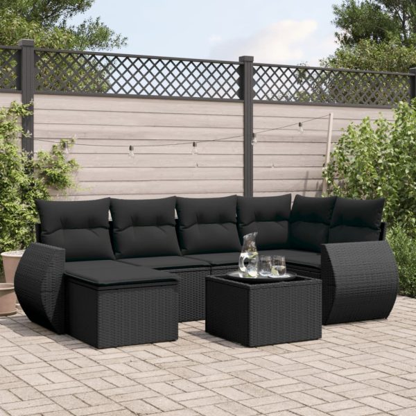 7-delige Loungeset met kussens poly rattan zwart