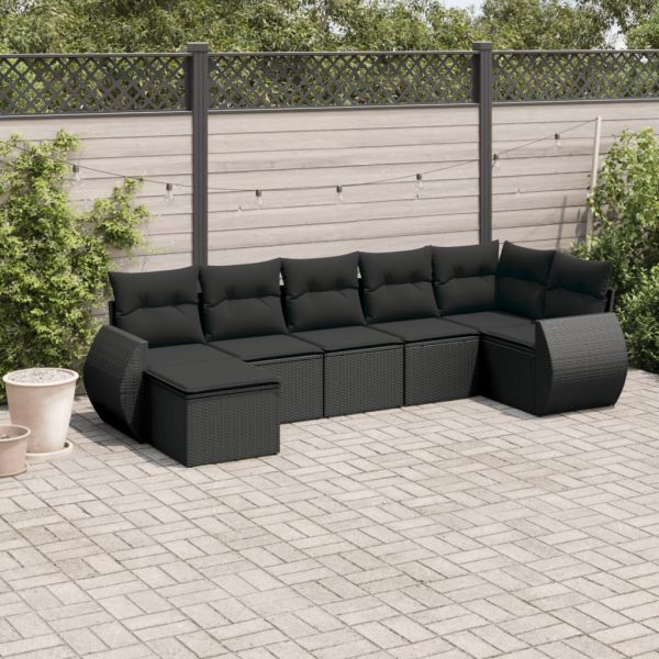 7-delige Loungeset met kussens poly rattan zwart