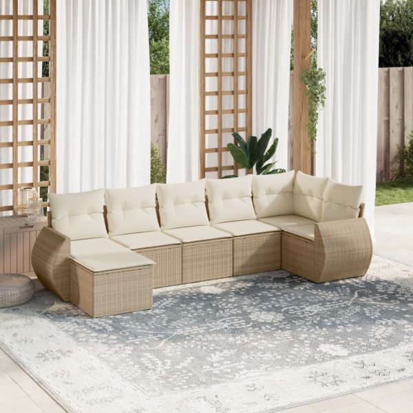 7-delige Loungeset met kussens poly rattan beige