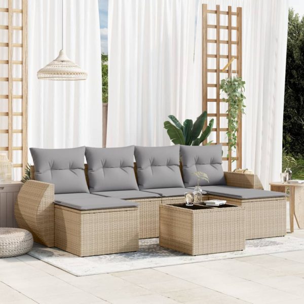 7-delige Loungeset met kussens poly rattan beige