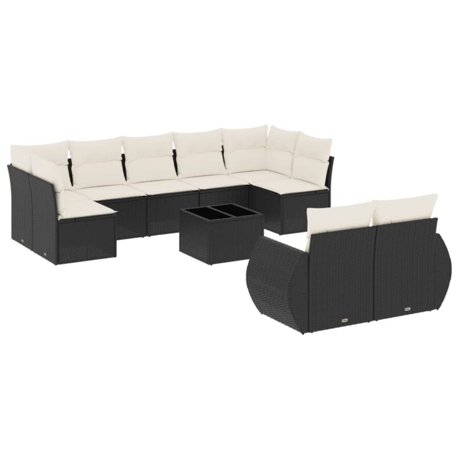 10-delige Loungeset met kussens poly rattan zwart - Afbeelding 2