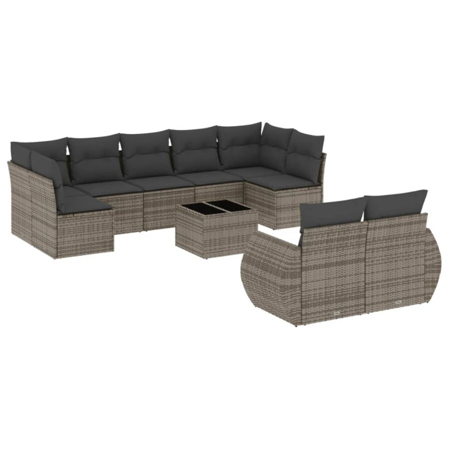 10-delige Loungeset met kussens poly rattan grijs - Afbeelding 2