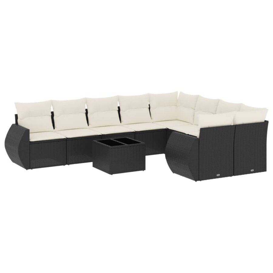 10-delige Loungeset met kussens poly rattan zwart - Afbeelding 2