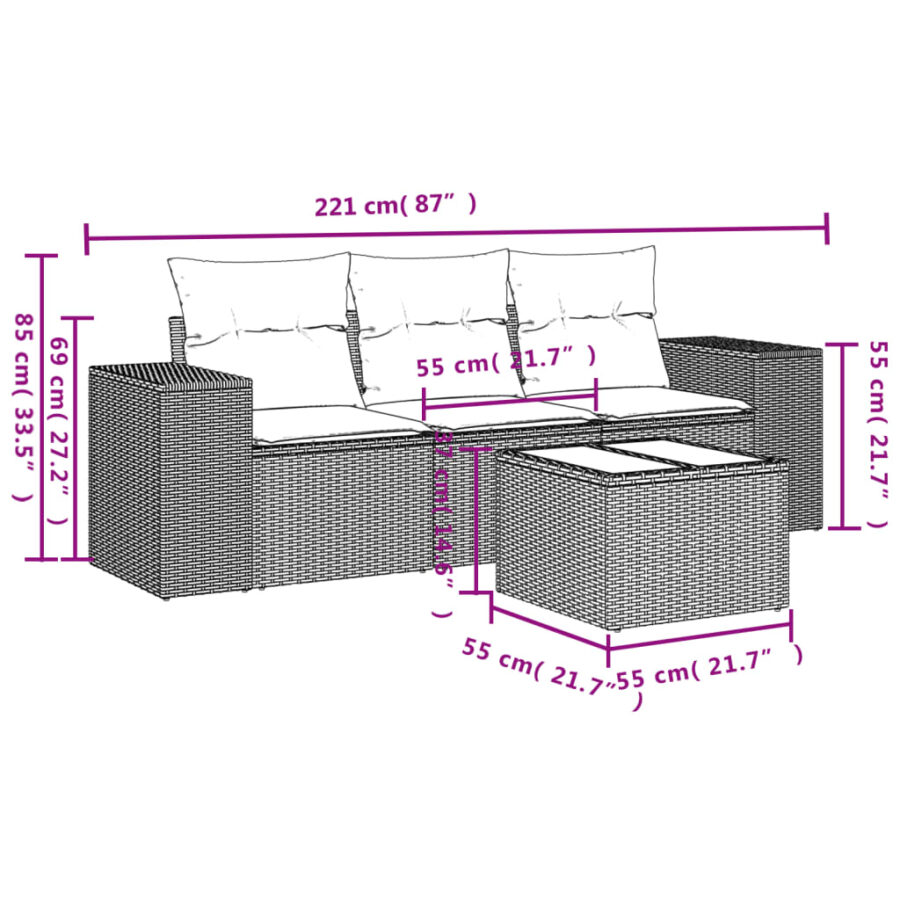 4-delige Loungeset met kussens poly rattan beige - Afbeelding 3