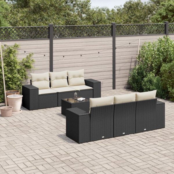 7-delige Loungeset met kussens poly rattan zwart