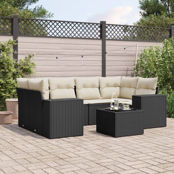 7-delige Loungeset met kussens poly rattan zwart