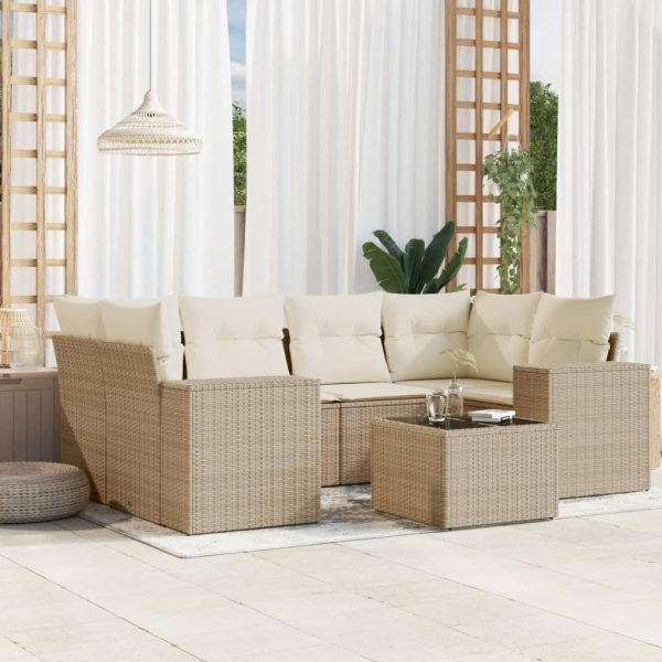 7-delige Loungeset met kussens poly rattan beige