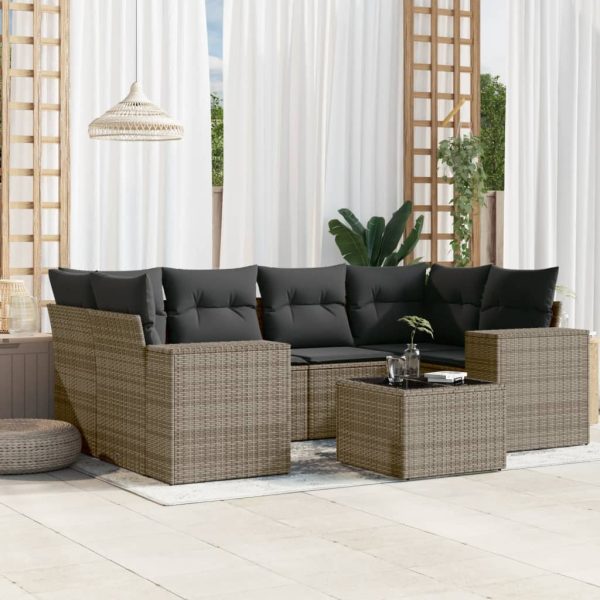 7-delige Loungeset met kussens poly rattan grijs