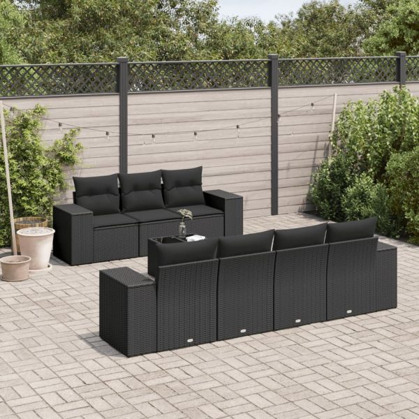 8-delige Loungeset met kussens poly rattan zwart
