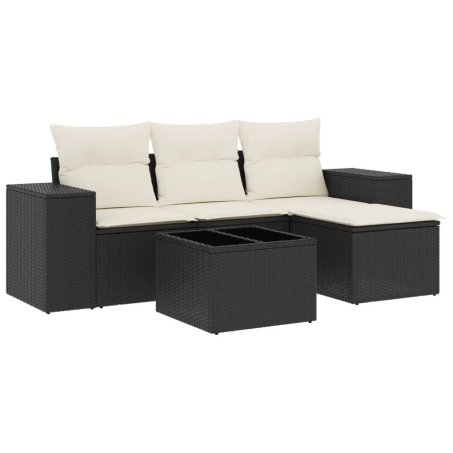 5-delige Loungeset met kussens poly rattan zwart - Afbeelding 2