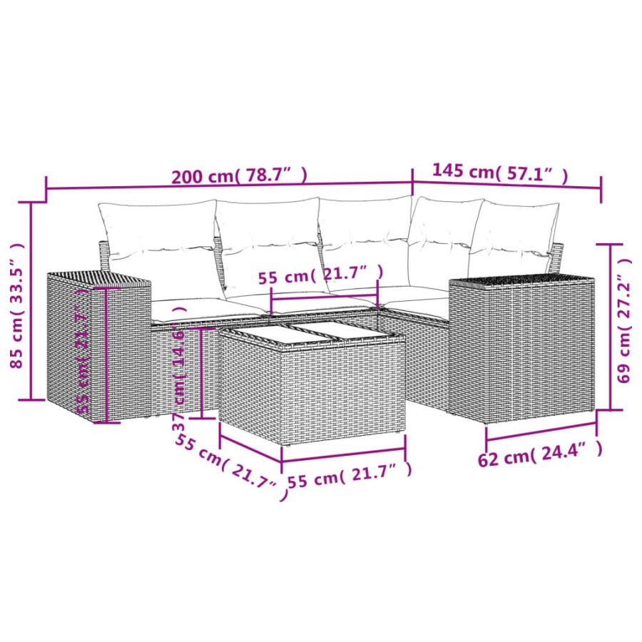 5-delige Loungeset met kussens poly rattan zwart - Afbeelding 3