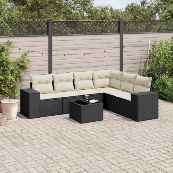 7-delige Loungeset met kussens poly rattan zwart