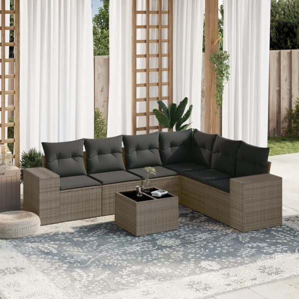 7-delige Loungeset met kussens poly rattan grijs