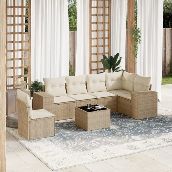 7-delige Loungeset met kussens poly rattan beige