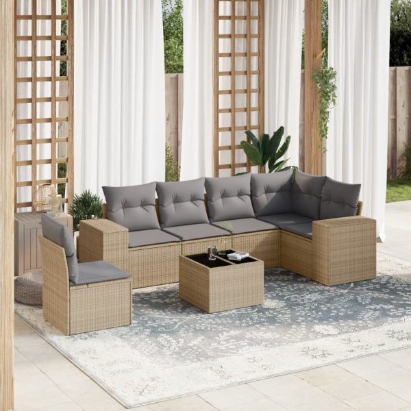 7-delige Loungeset met kussens poly rattan beige