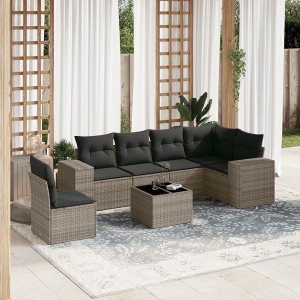 7-delige Loungeset met kussens poly rattan grijs