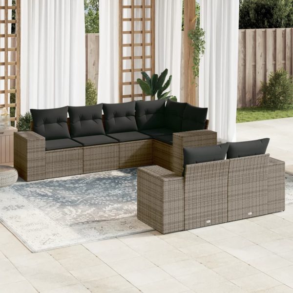 7-delige Loungeset met kussens poly rattan grijs
