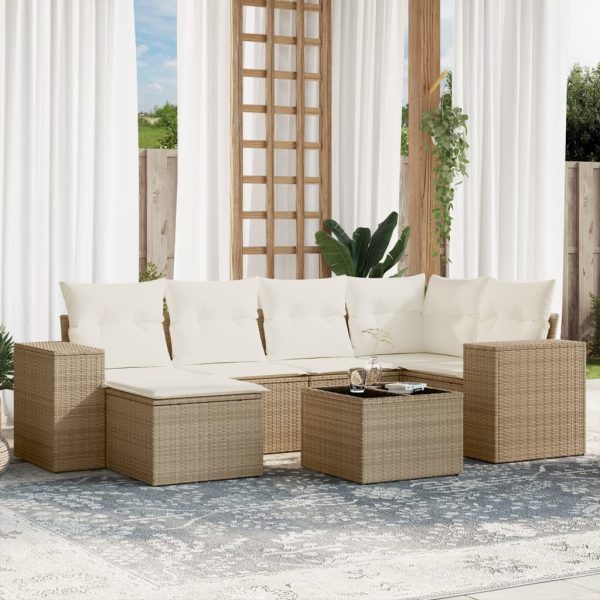 7-delige Loungeset met kussens poly rattan beige
