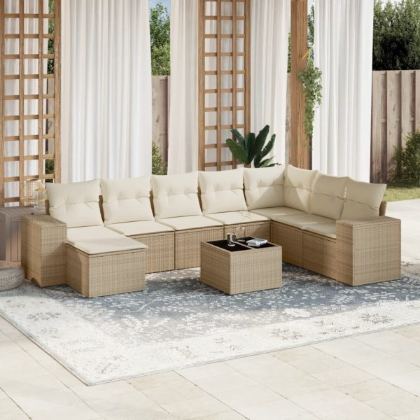 9-delige Loungeset met kussens poly rattan beige