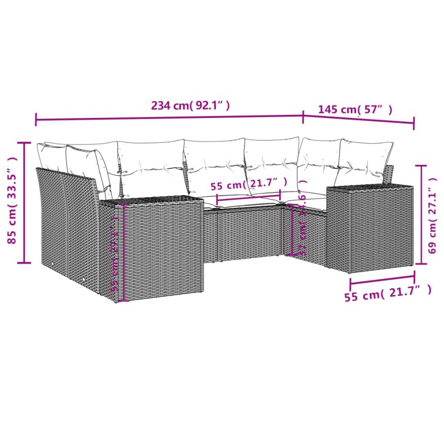 6-delige Loungeset met kussens poly rattan beige - Afbeelding 3