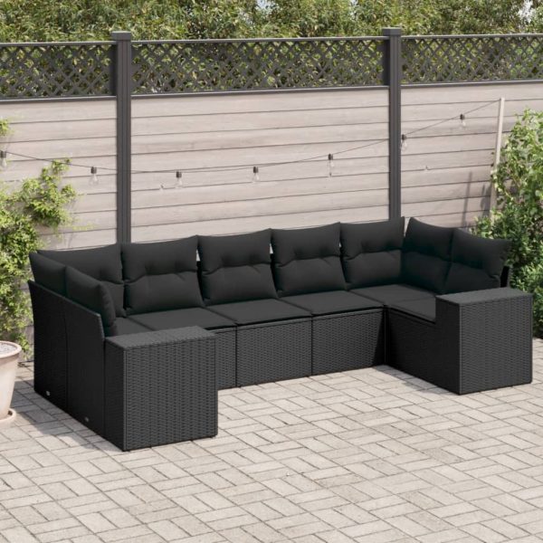 7-delige Loungeset met kussens poly rattan zwart
