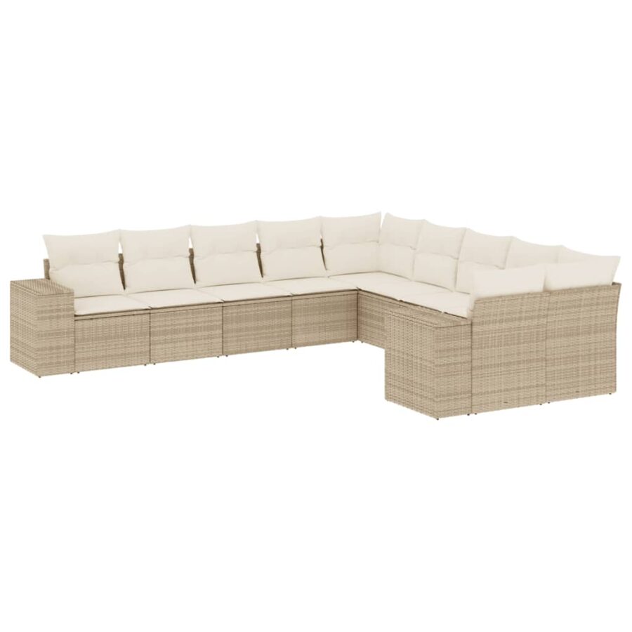 10-delige Loungeset met kussens poly rattan beige - Afbeelding 2
