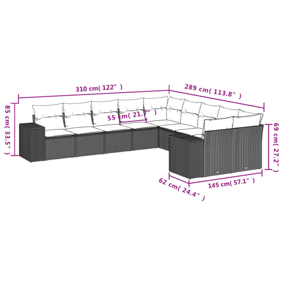 10-delige Loungeset met kussens poly rattan beige - Afbeelding 3