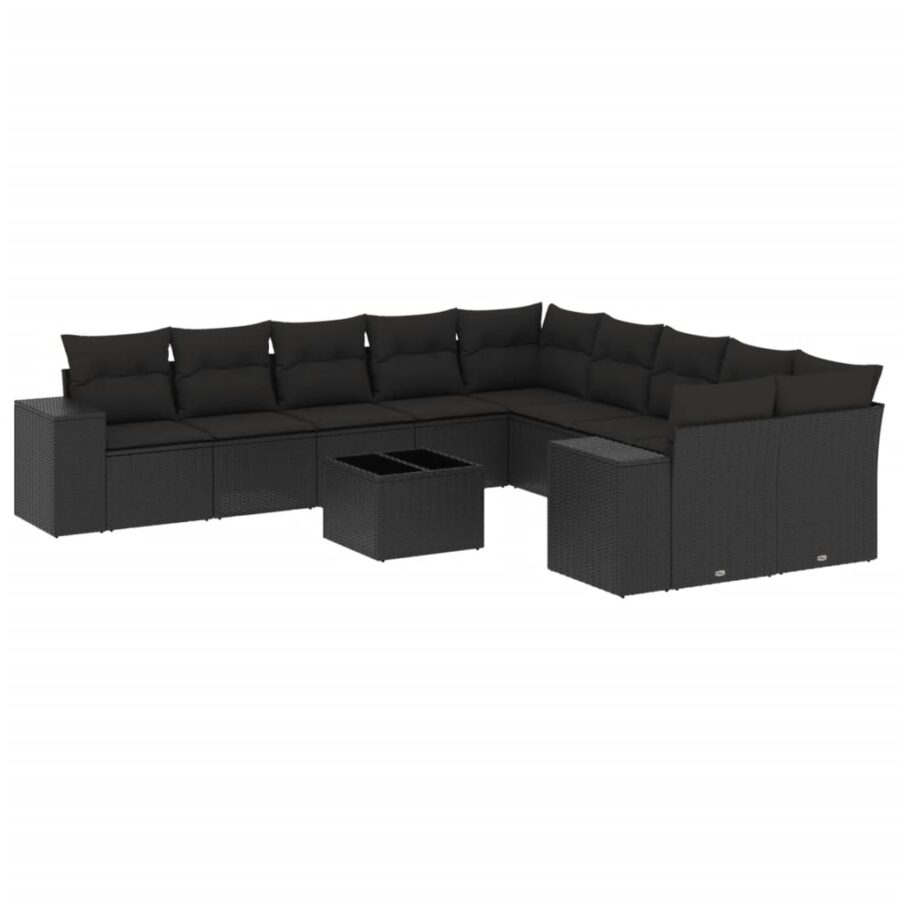 11-delige Loungeset met kussens poly rattan zwart - Afbeelding 2