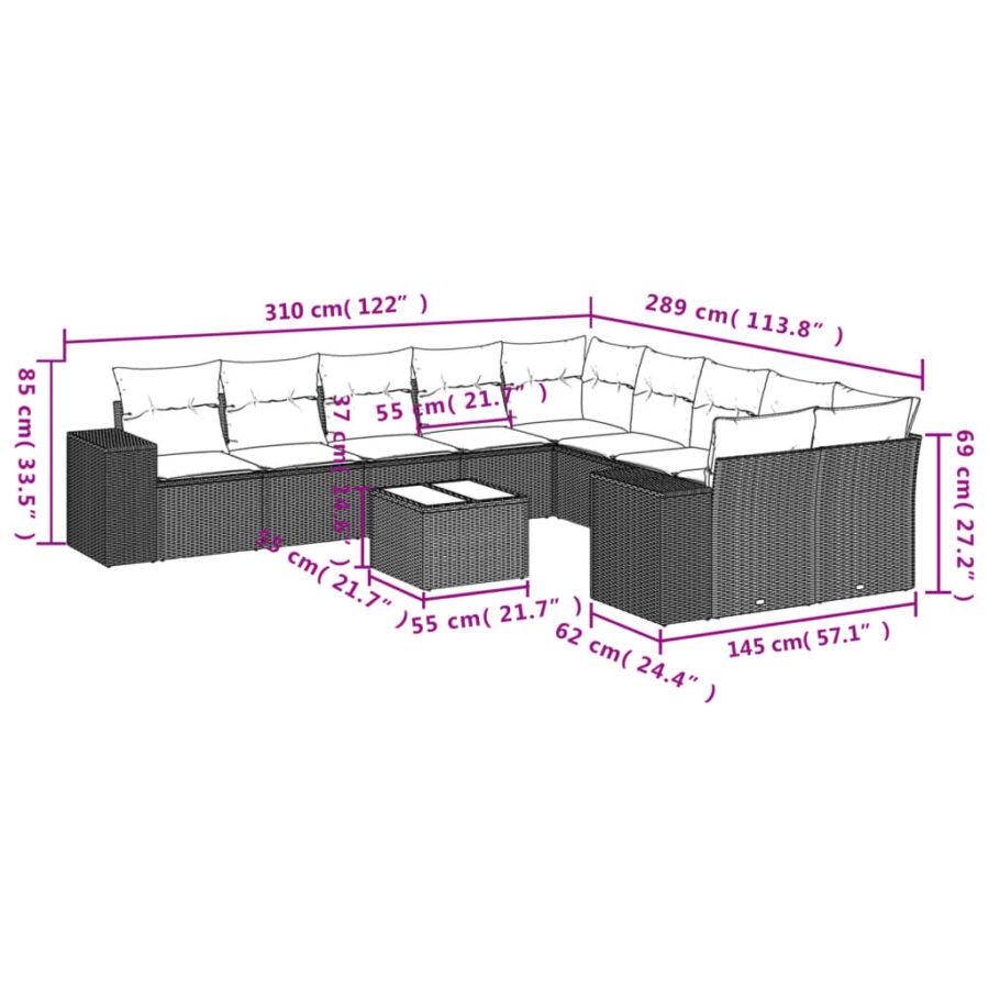 11-delige Loungeset met kussens poly rattan zwart - Afbeelding 3