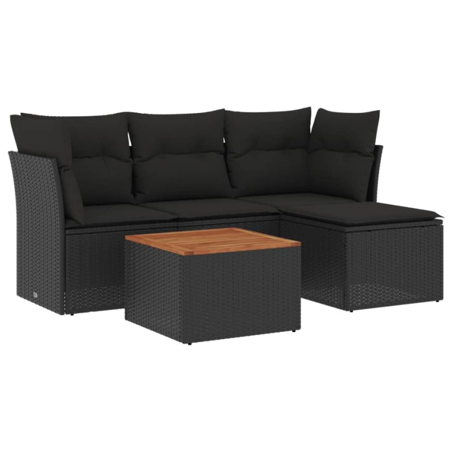 5-delige Loungeset met kussens poly rattan zwart - Afbeelding 2