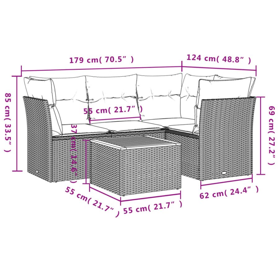 5-delige Loungeset met kussens poly rattan gemengd beige - Afbeelding 10