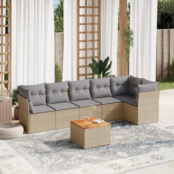 7-delige Loungeset met kussens poly rattan gemengd beige