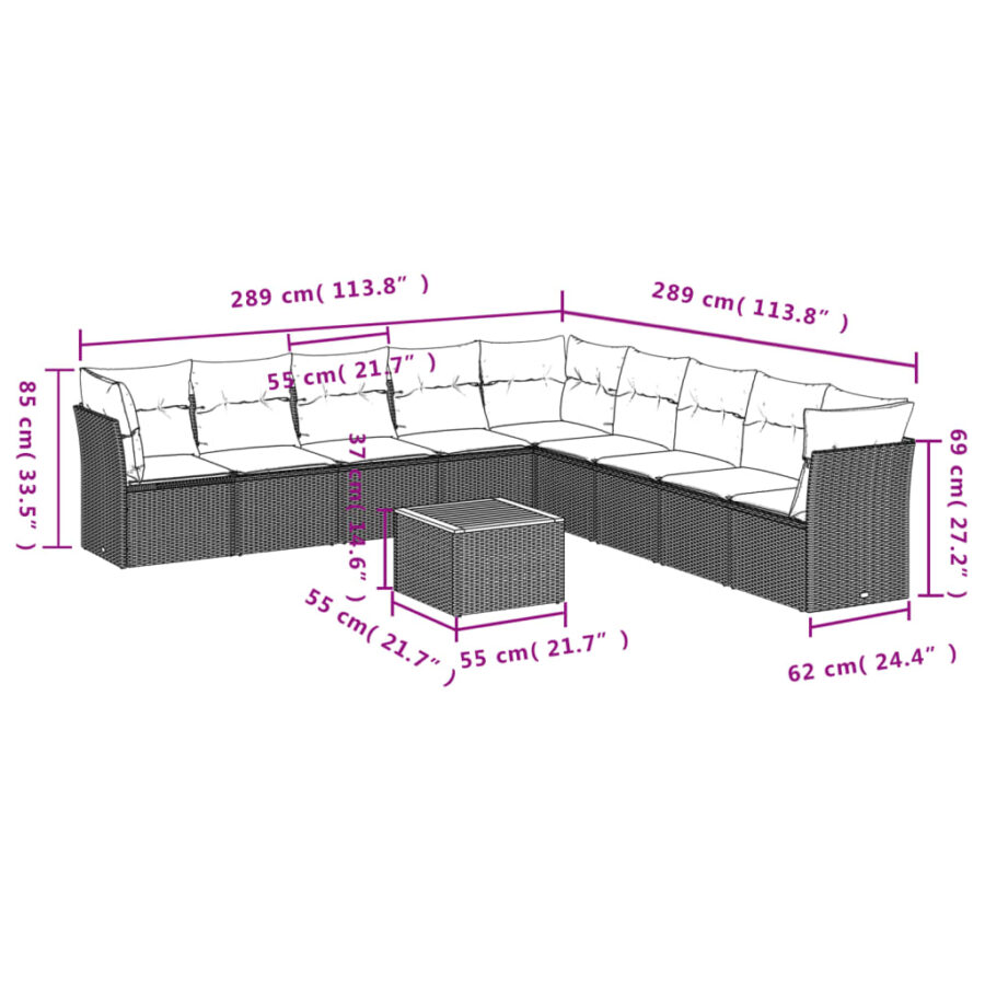 10-delige Loungeset met kussens poly rattan grijs - Afbeelding 7