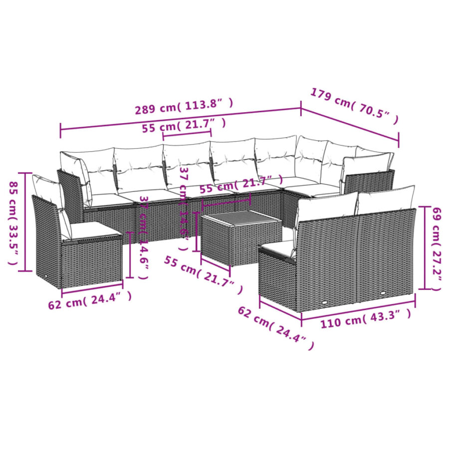 11-delige Loungeset met kussens poly rattan zwart - Afbeelding 10