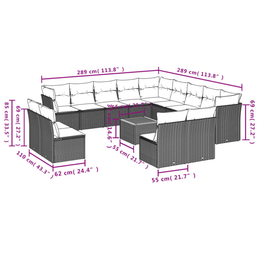 14-delige Loungeset met kussens poly rattan zwart - Afbeelding 10