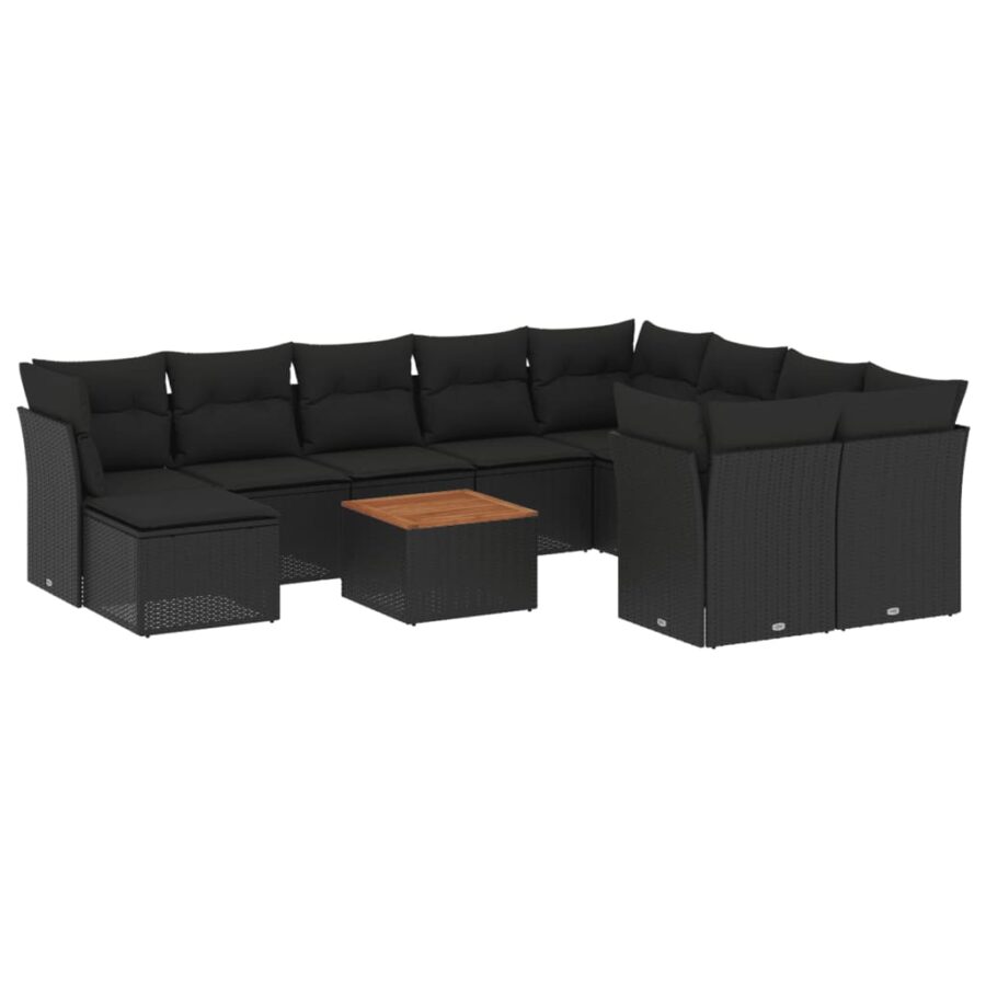 11-delige Loungeset met kussens poly rattan zwart - Afbeelding 2
