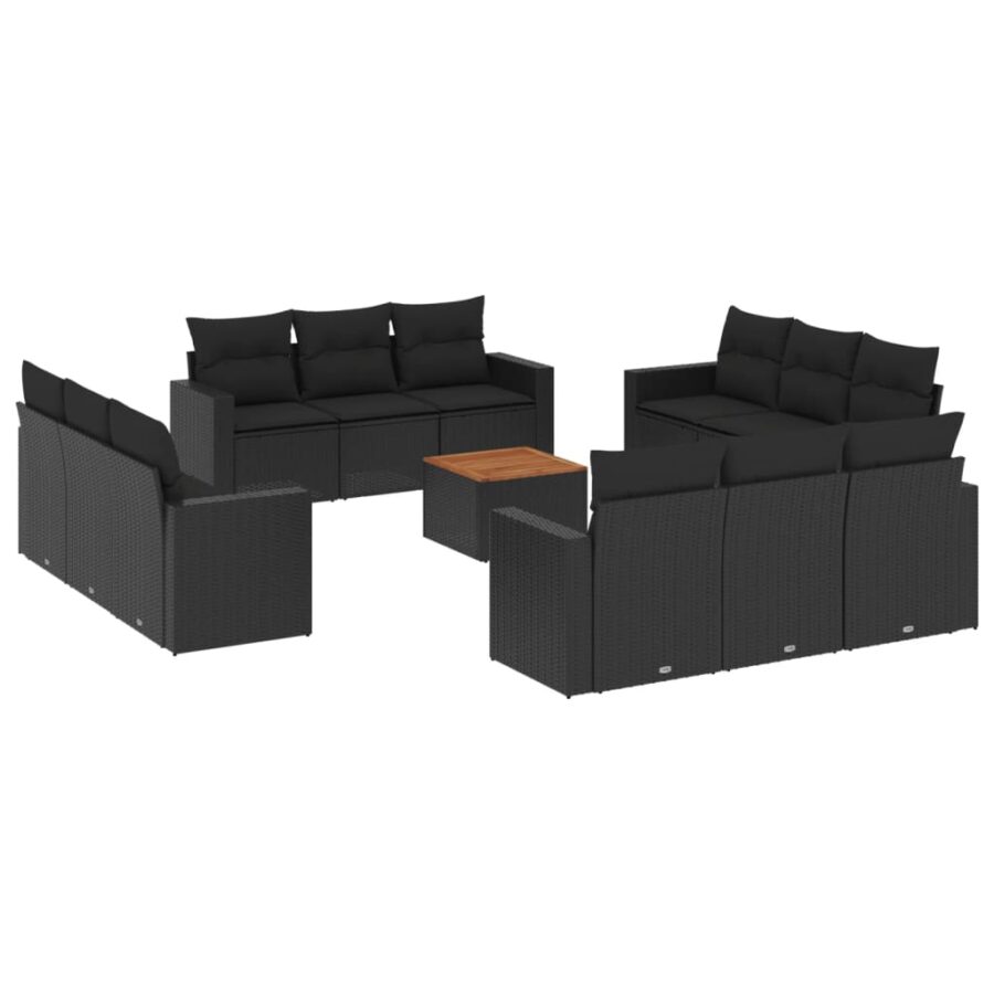 13-delige Loungeset met kussens poly rattan zwart - Afbeelding 2