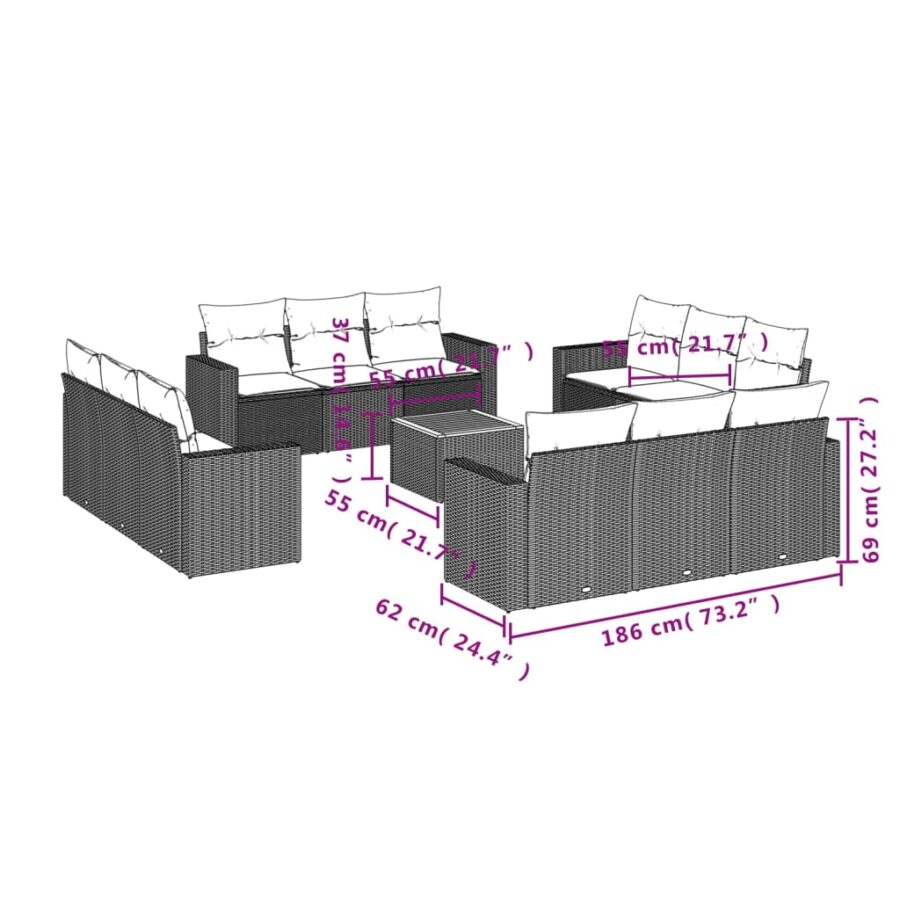 13-delige Loungeset met kussens poly rattan zwart - Afbeelding 10