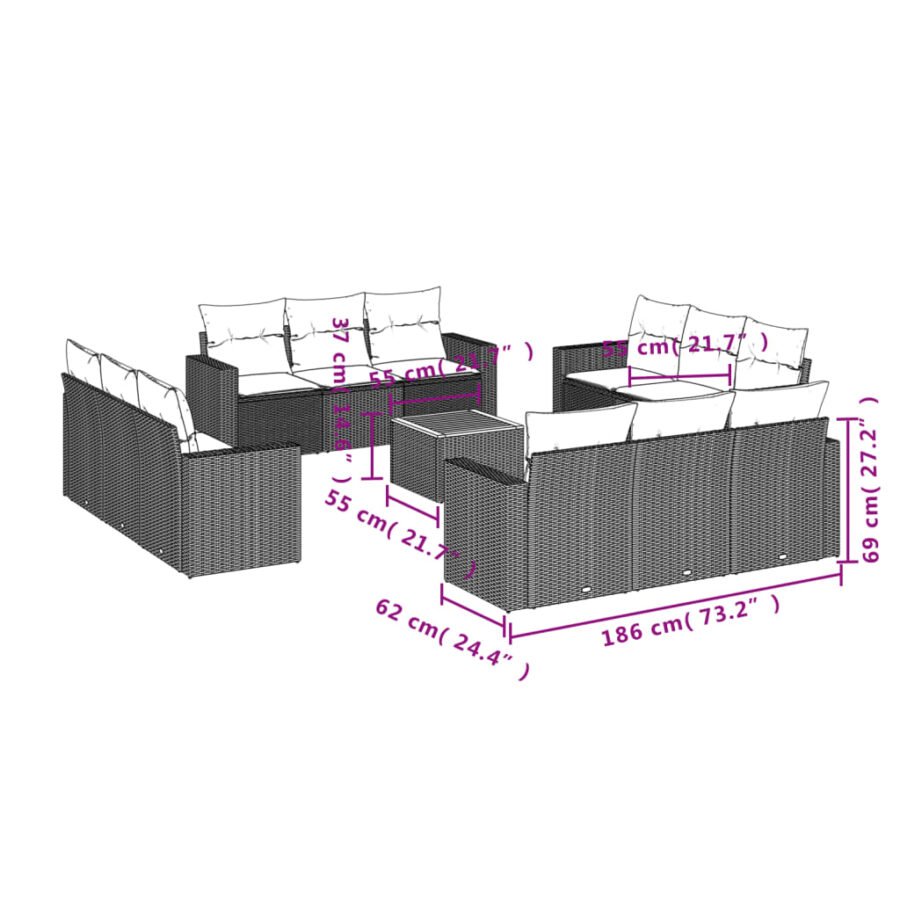 13-delige Loungeset met kussens poly rattan gemengd beige - Afbeelding 10