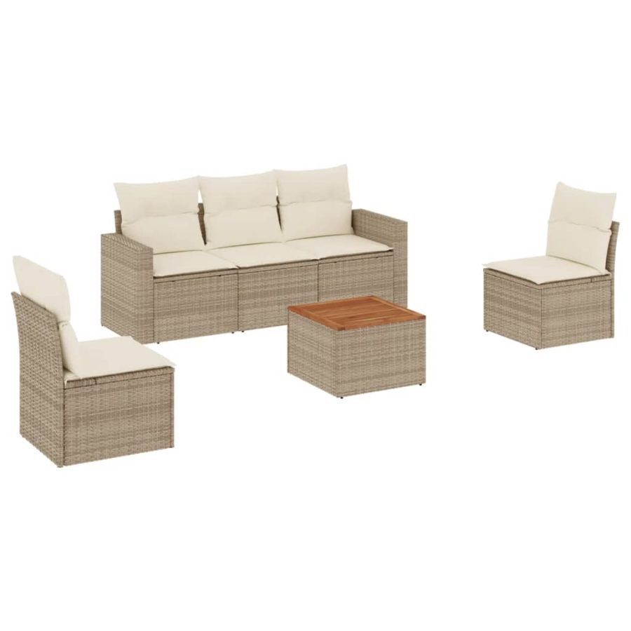 6-delige Loungeset met kussens poly rattan beige - Afbeelding 2