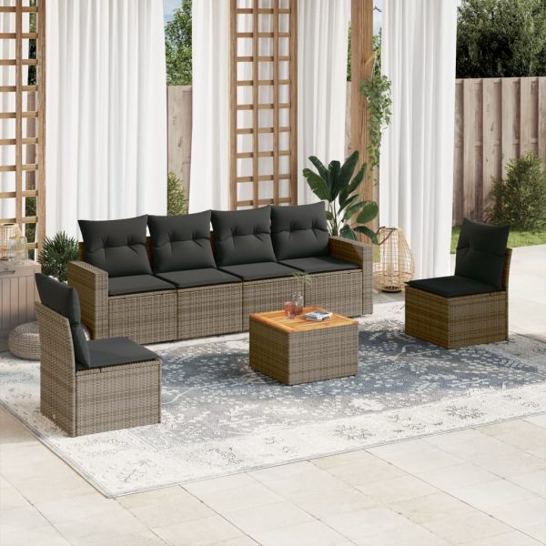 7-delige Loungeset met kussens poly rattan grijs
