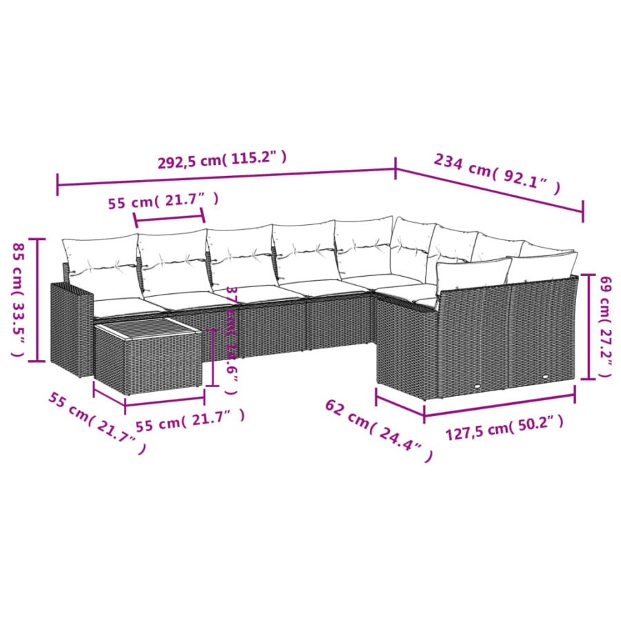 10-delige Loungeset met kussens poly rattan grijs - Afbeelding 12